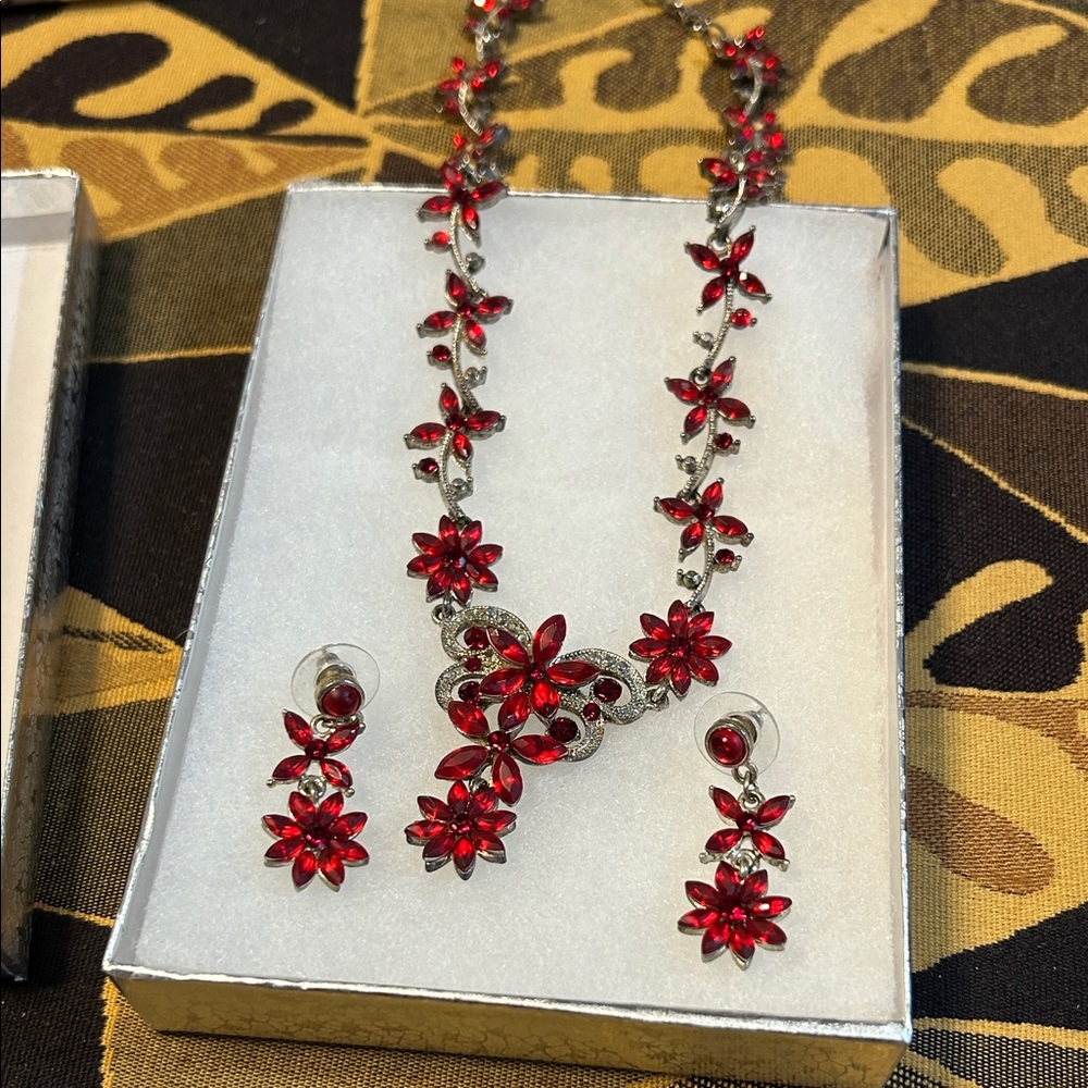 Radiant Red Floral Necklace and Earring Set